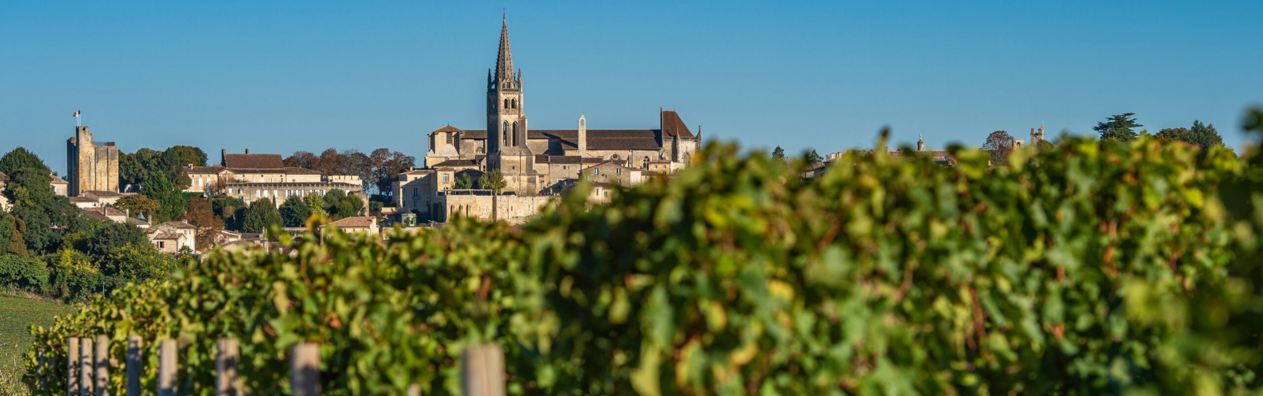 Beautiful sunrise on the steeple of the church and village of Saint Emilion, Religion, Gironde, France, Europe